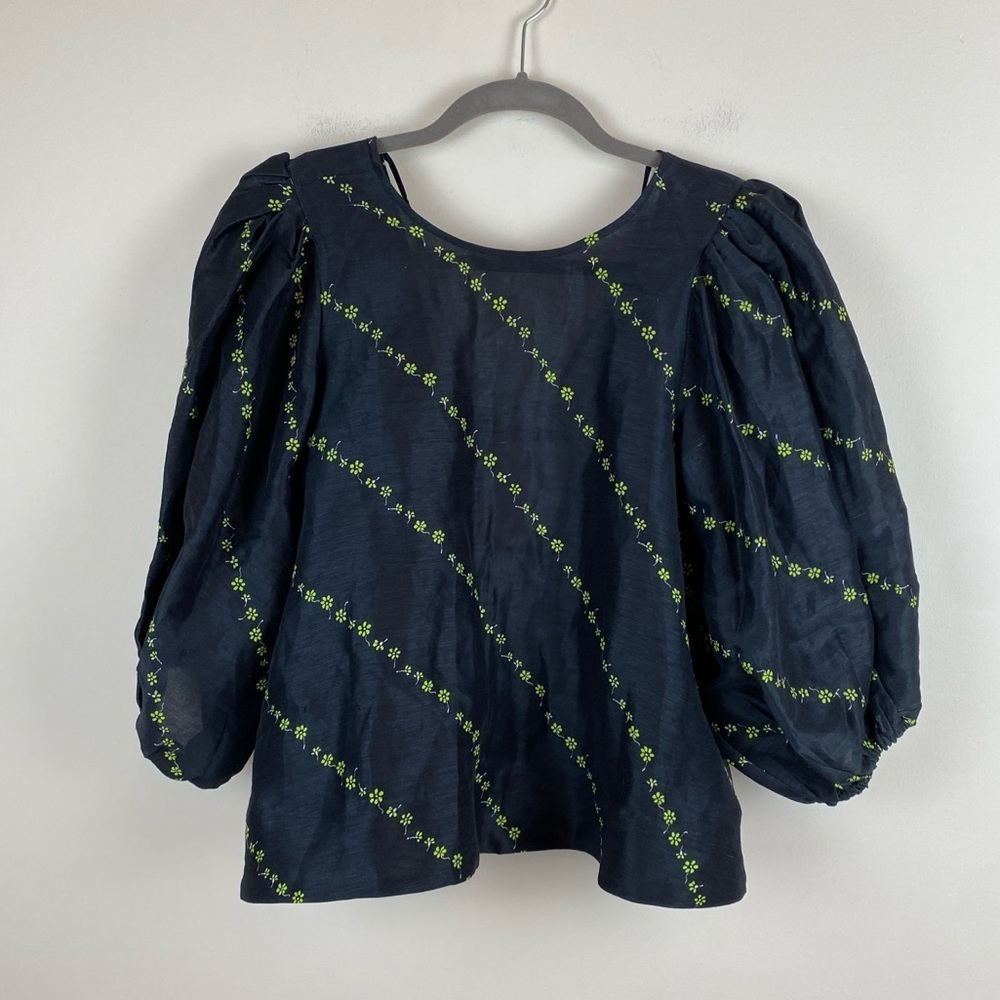Ganni Linen & Silk Puff Sleeve Blouse Top